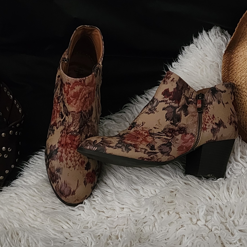 Style & Co. Floral Ankle Boots - Brown and Red
